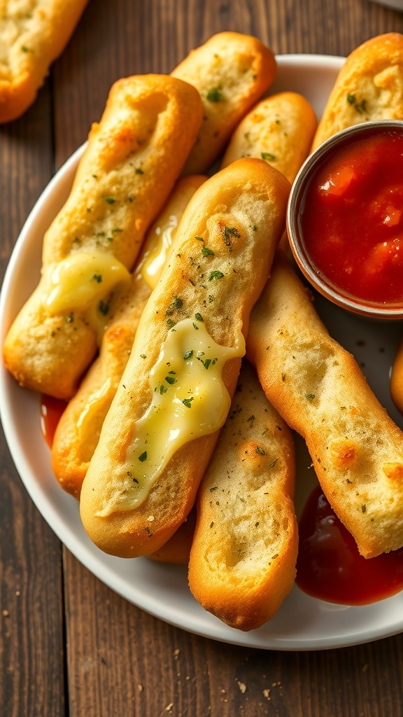 Warm garlic breadsticks on a plate with marinara sauce for dipping.